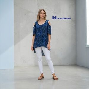 Peter Nygard, Blue Purple Paisley Cold Shoulder Tunic, Petite Medium Flowy
